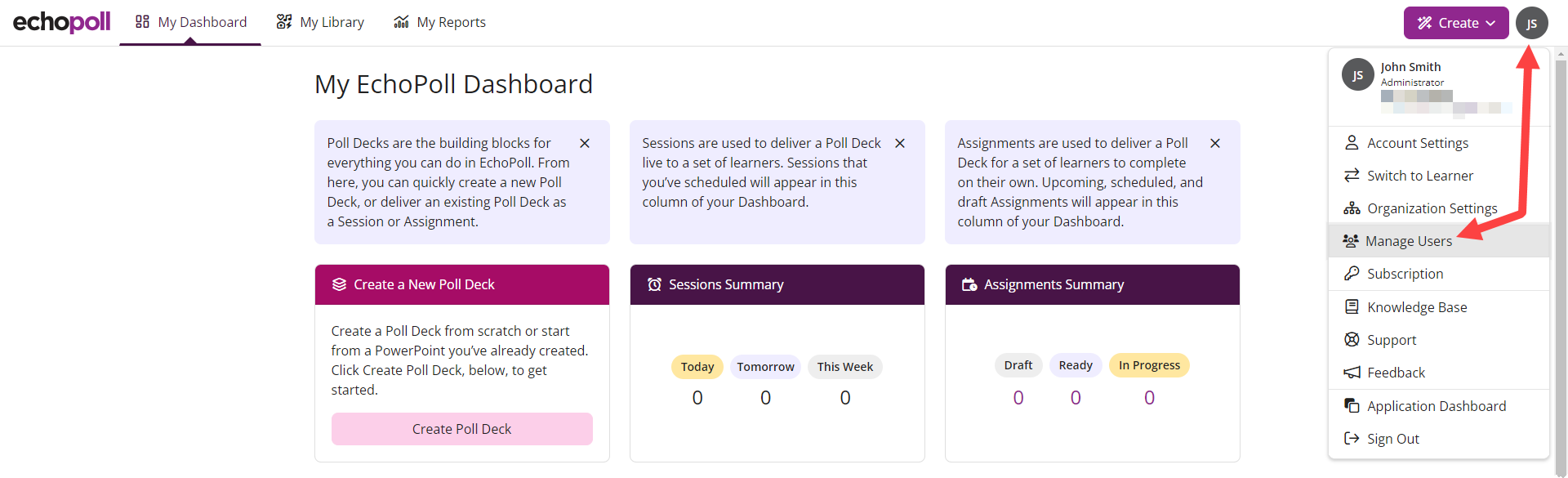 Admin user menu with Manage Users identified as described