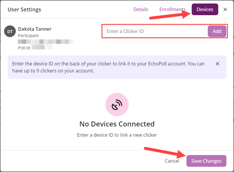 User menu with Devices tab, Clicker ID box and Add button and Save Changes button identified as described