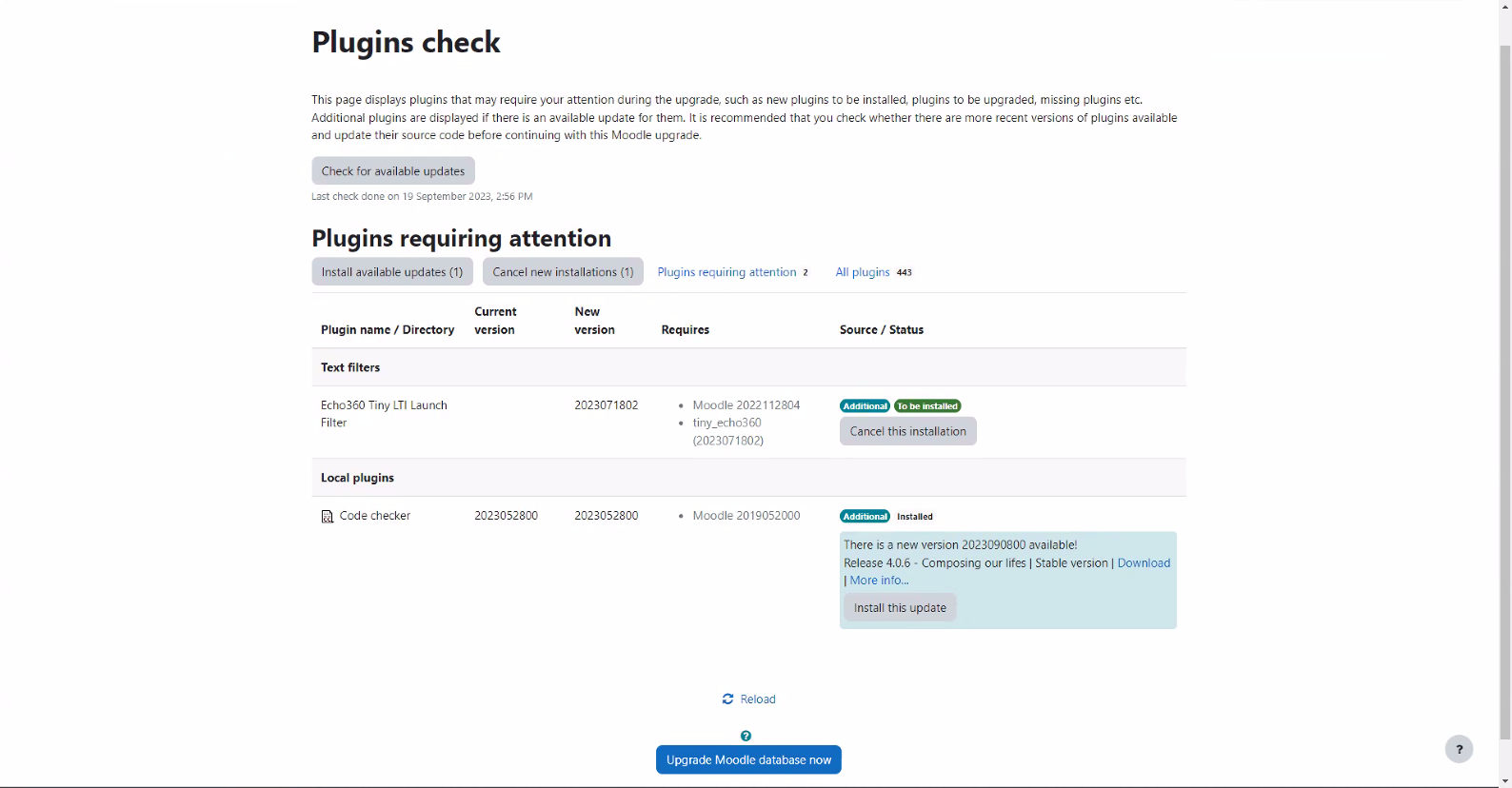 Moodle plugins check page for filter installation with upgrade database button as described