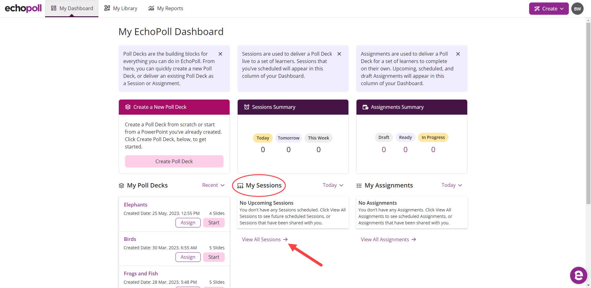EchoPoll My Dashboard with My Sessions and View All Sessions identified as described
