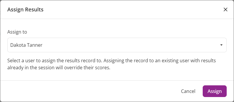 Assign Results window with a learner selected and the Assign button active
