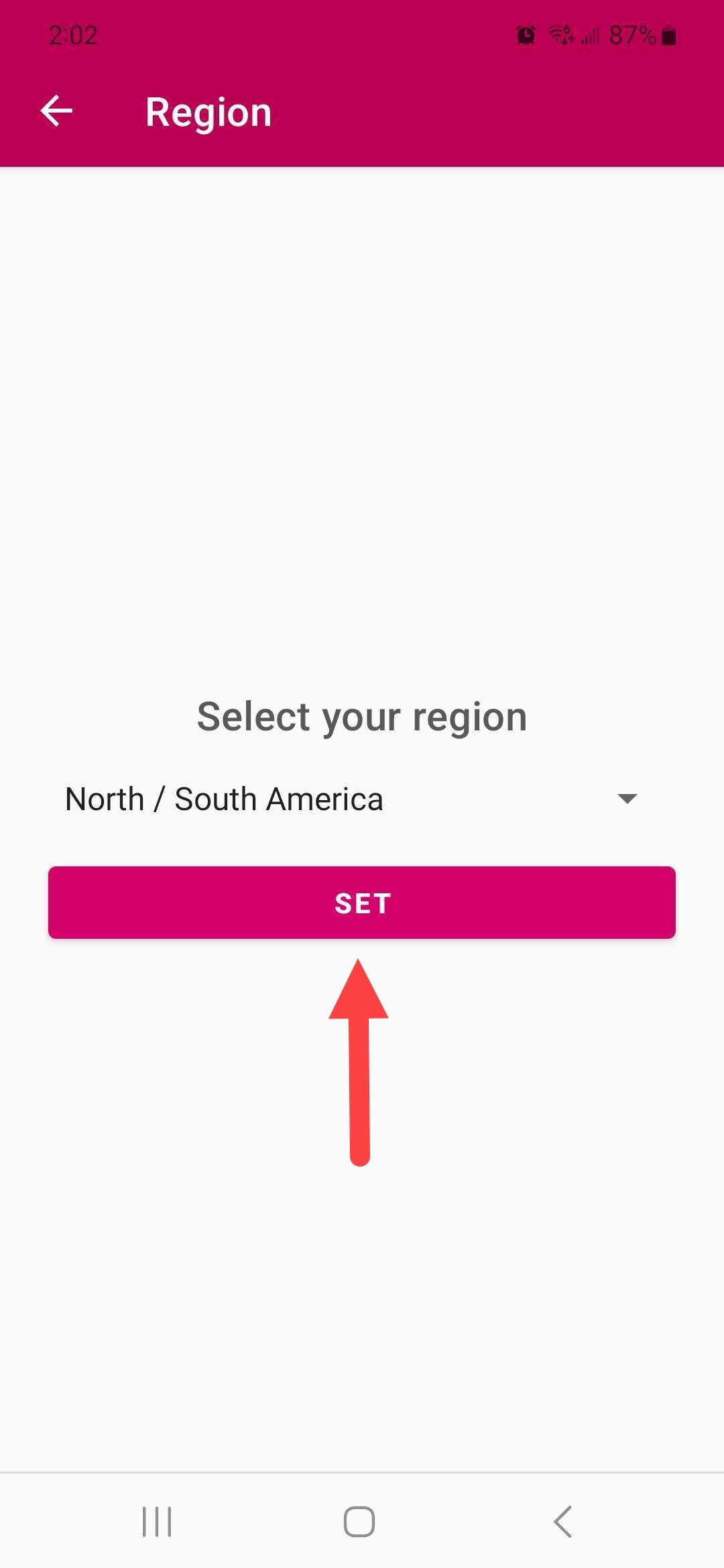 The PointSolutions Region menu with Region options and Save identified as described for Android