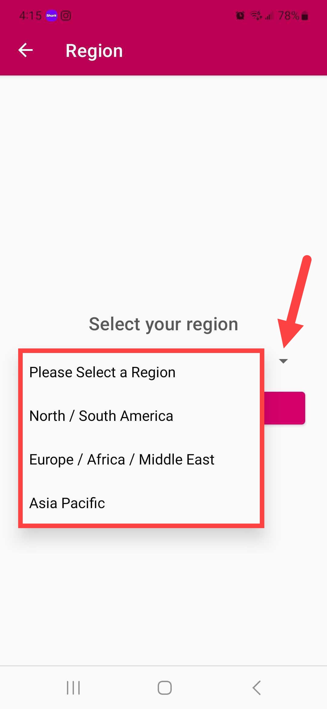 The PointSolutions Settings menu with Region option identified as described for Android
