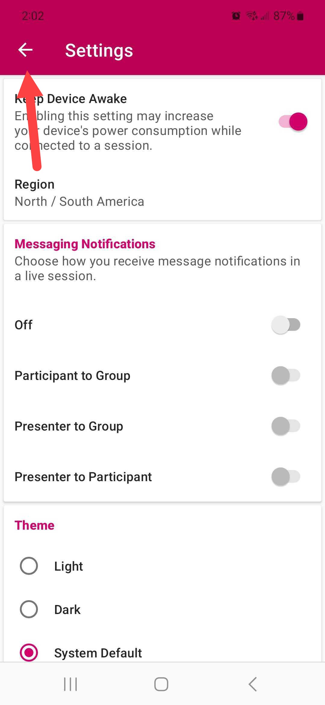 The PointSolutions Settings menu with Done identified as described for Android