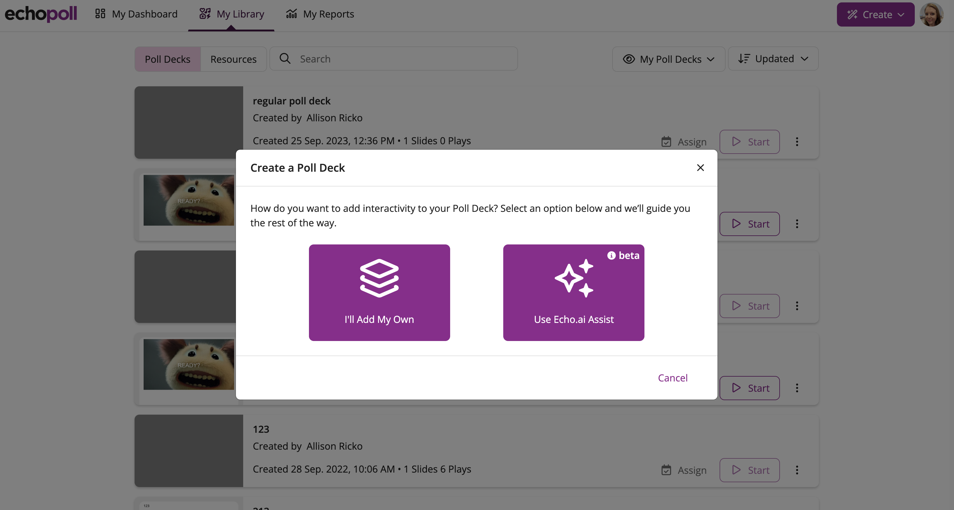Create a Poll Deck window with I'll add my own or use Echo.ai Assist to create Interactive Slides