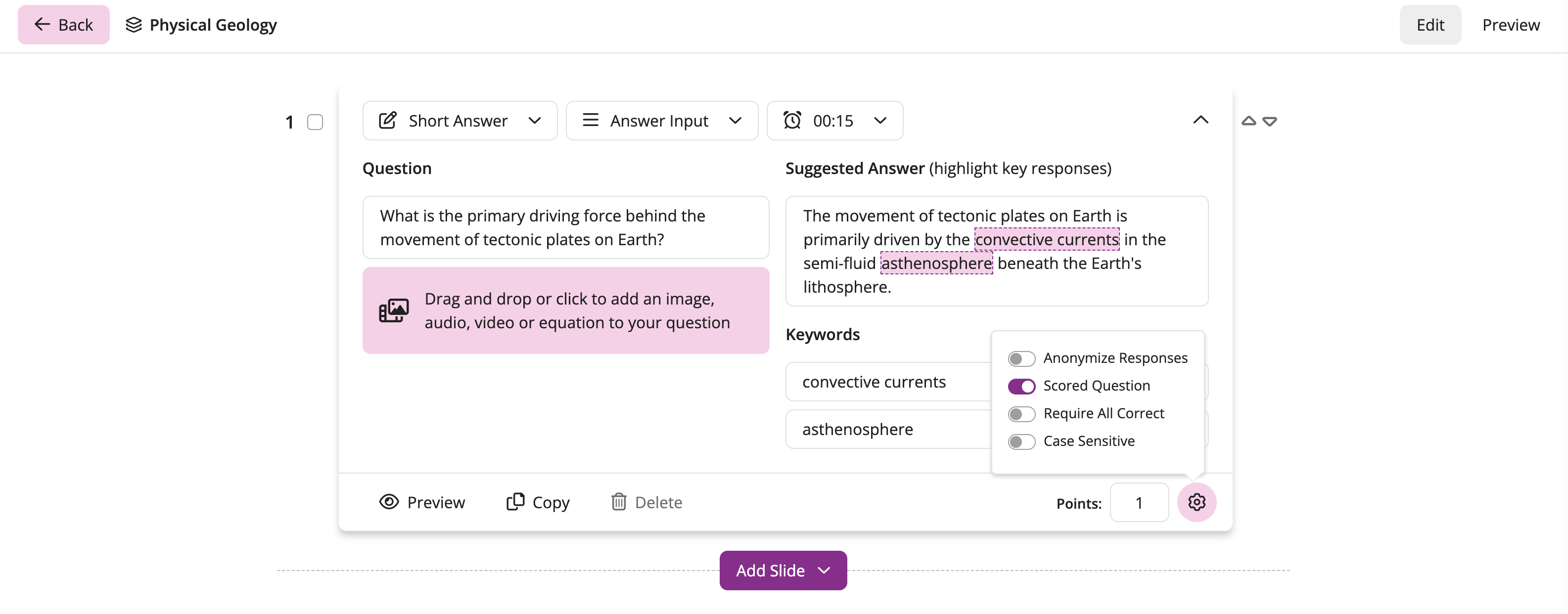 A Short Answer question with the settings opened and a Case Sensitivity toggle