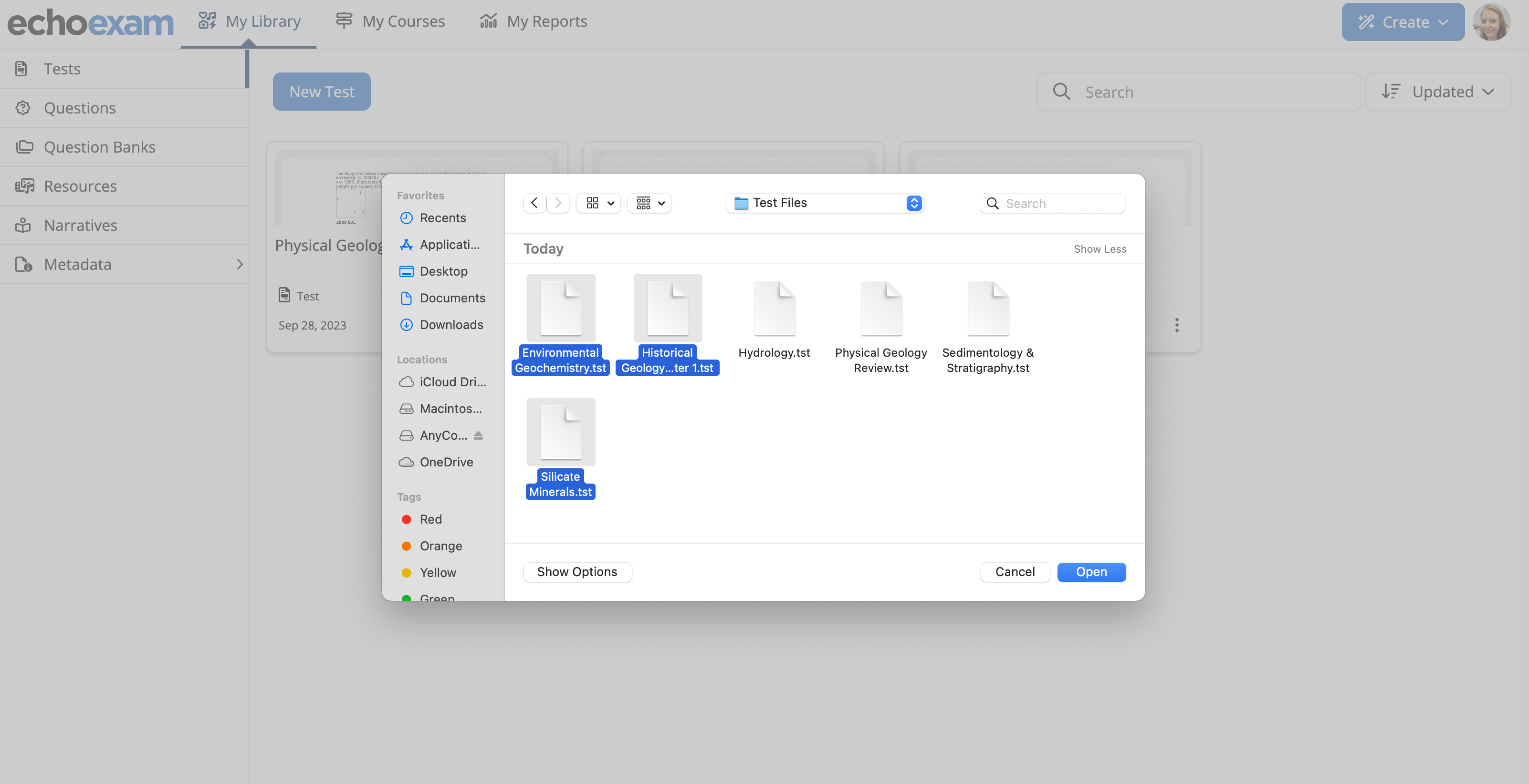 EchoExam import window with test files selected