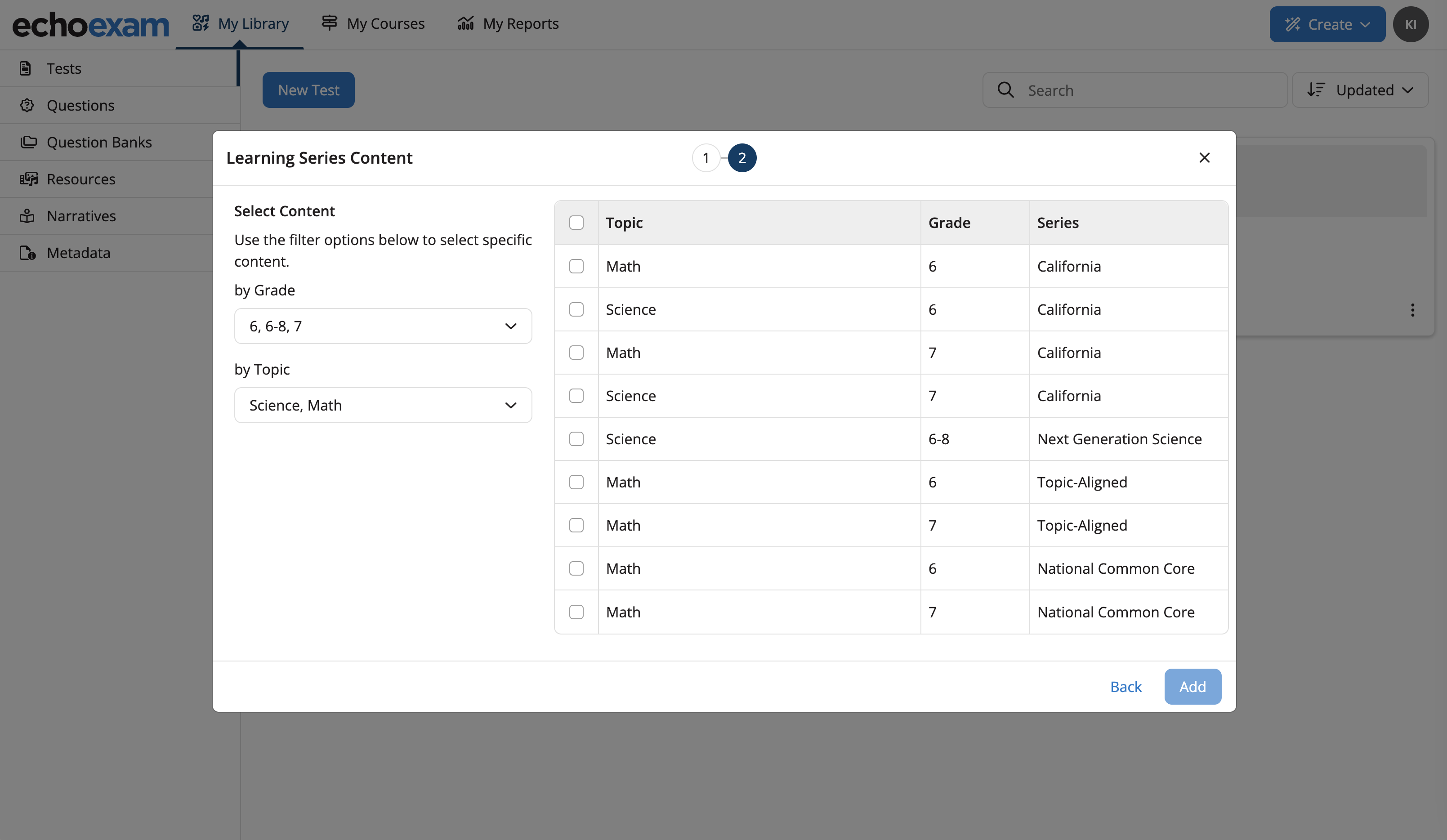 A file picker window showing available Learning Series content to choose from