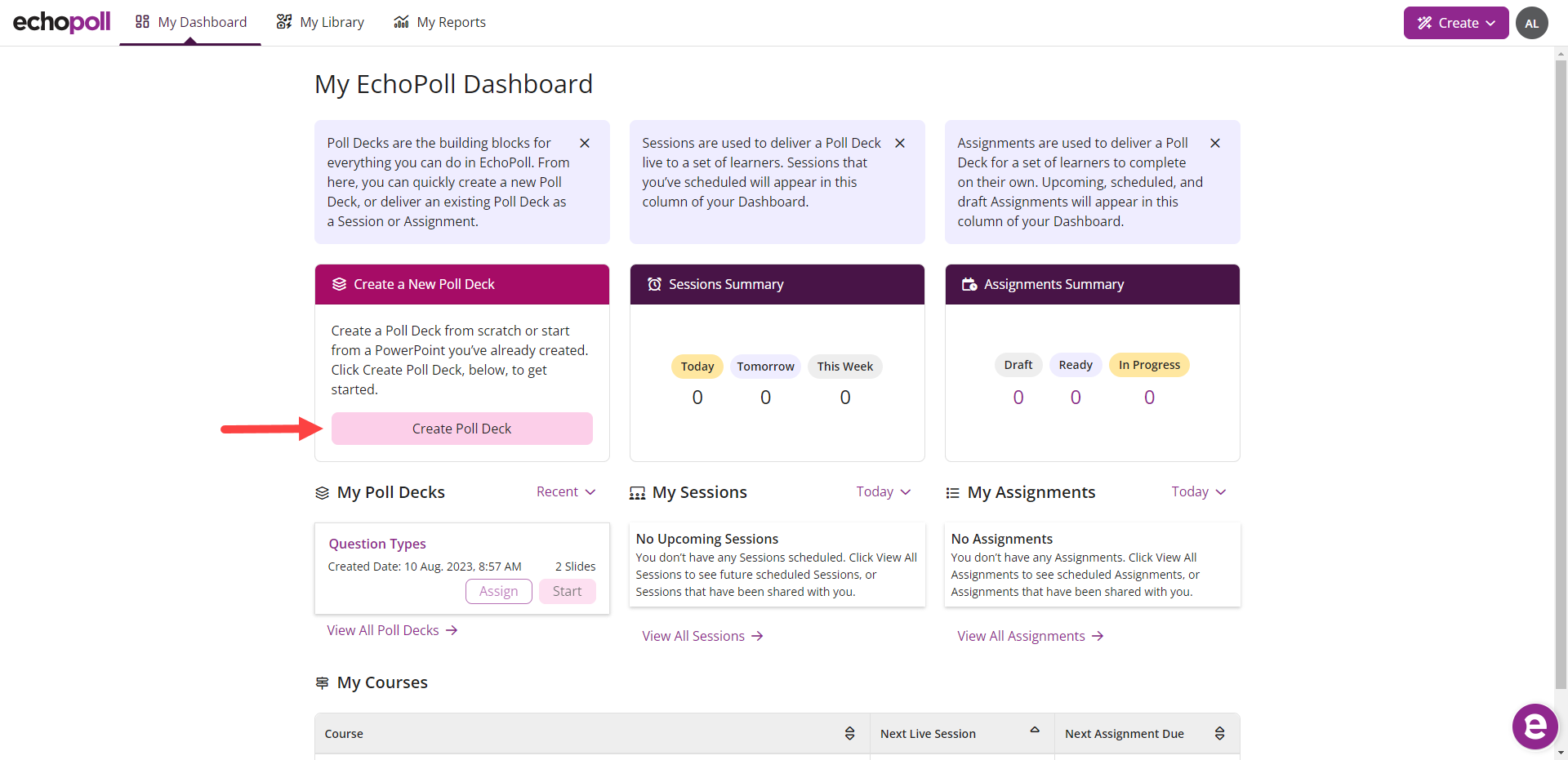 The EchoPoll Dashboard with Create Poll Deck button identified as described