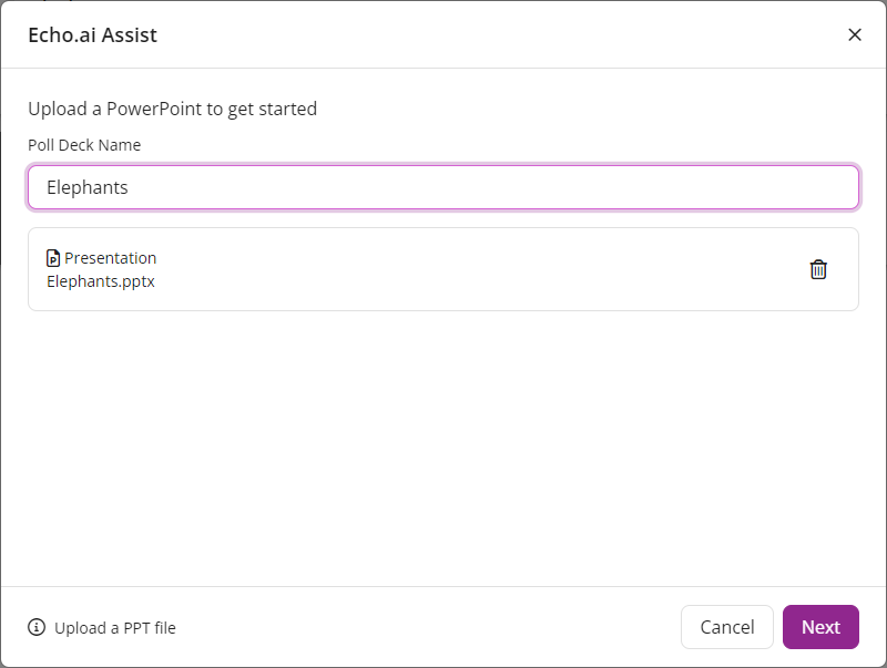 Echo.ai Assist window with Poll Deck Name populated, PowerPoint file selected and Create button identified as described