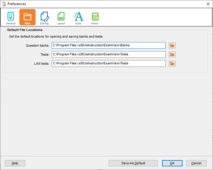 ExamView Preferences open to the Files tab with the default file paths shown as described