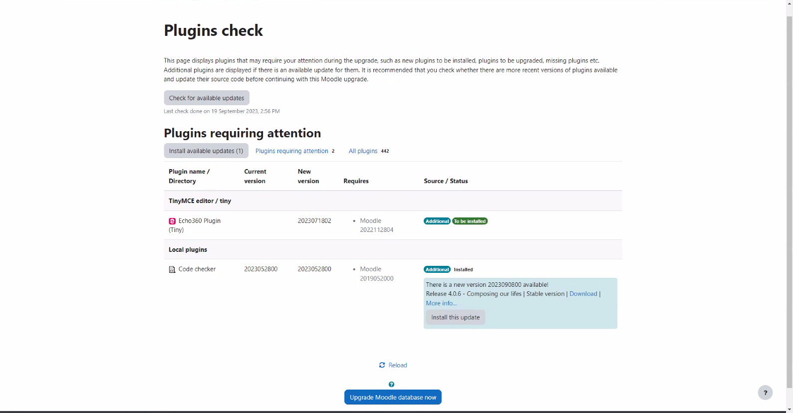 Plugins check page after plugin upgrade for updating moodle database as described