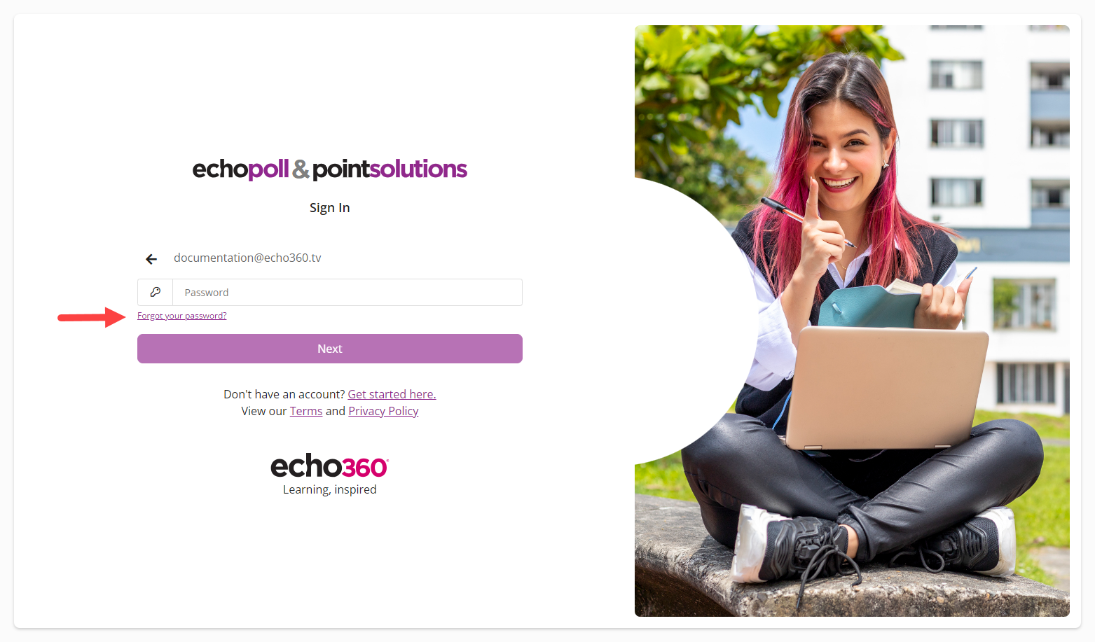 EchoPoll and PointSolutions screen with forgot your password link identified as described