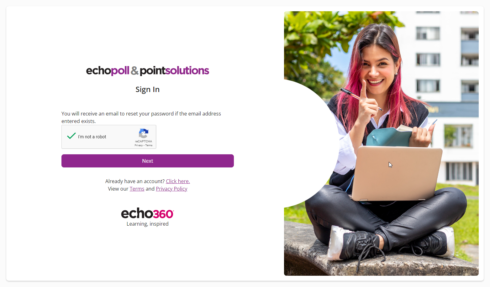 EchoPoll and PointSolutions screen with Back to sign in button as described 
