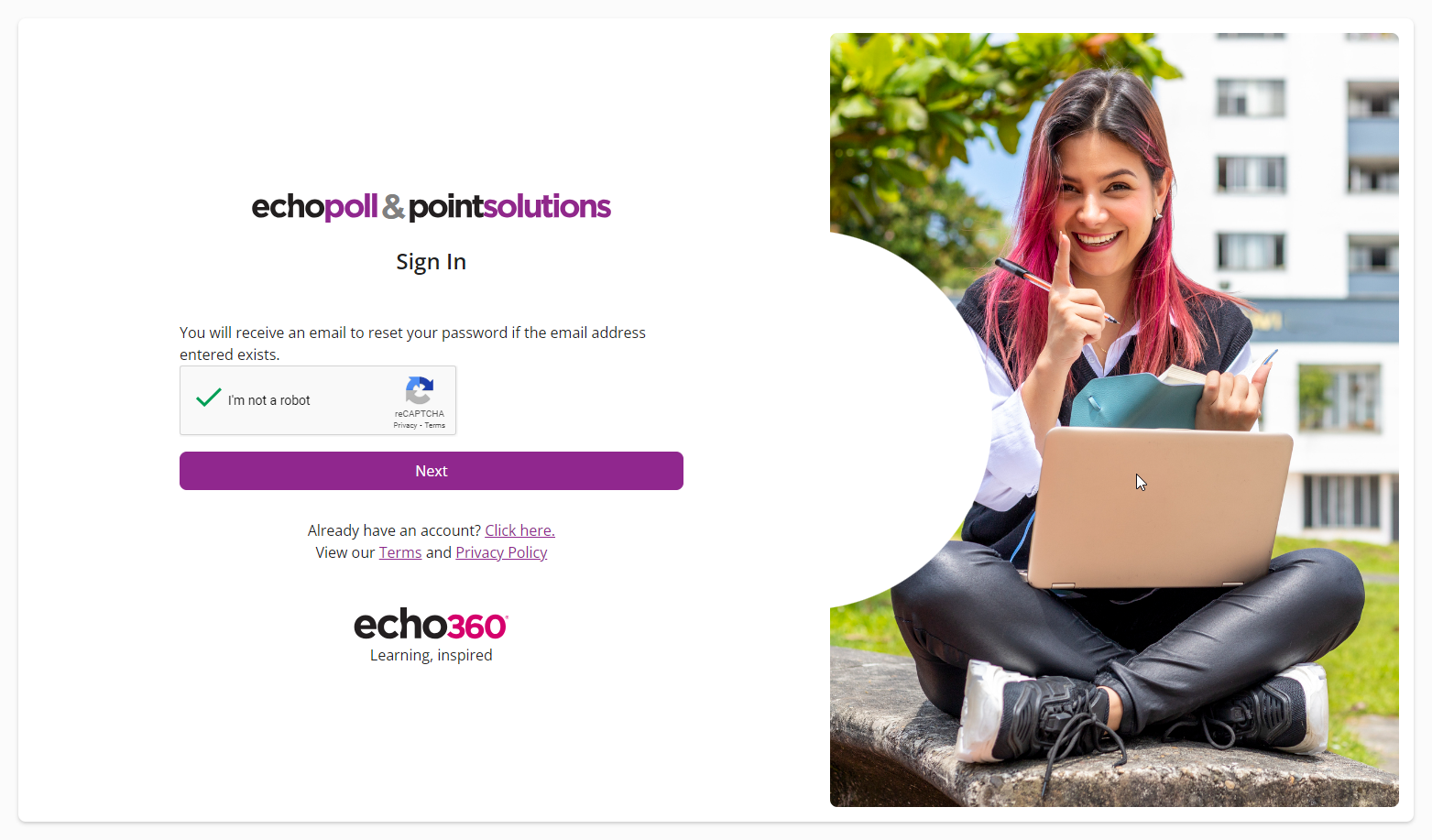 The EchoPoll and PointSolutions account screen prompting for completed reCAPTCHA with Next button identified