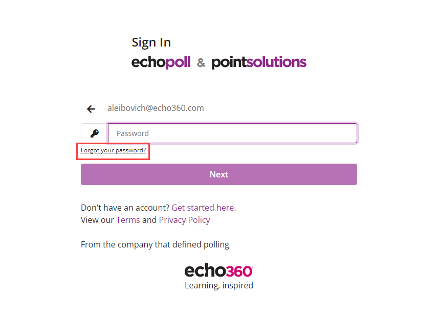 EchoPoll and PointSolutions screen with forgot your password link identified as described