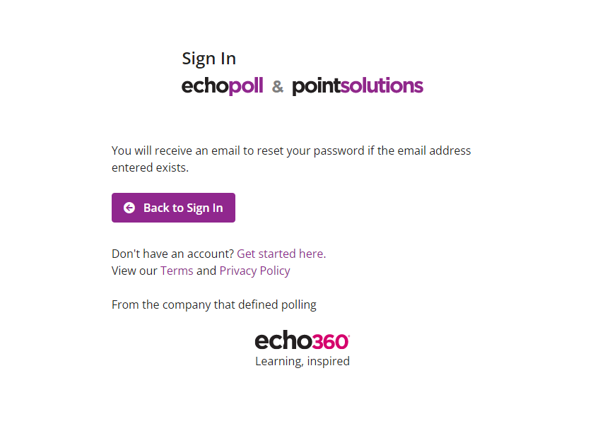 EchoPoll and PointSolutions screen with Back to sign in button as described