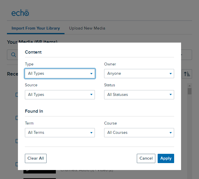 Media selection list with media filter modal open containing filter selection options as described