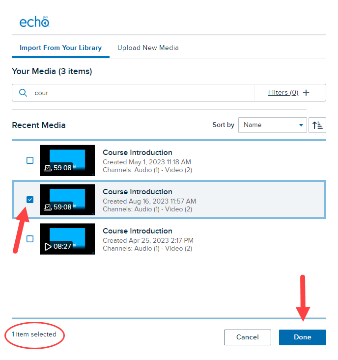 Media selection list with one item selected and Done button active and identified