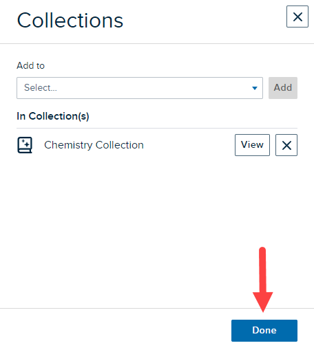 Collections modal with collection added and Done button identified as described