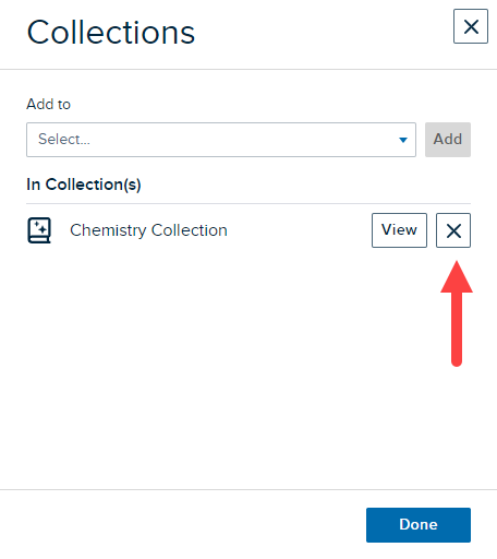 Collections modal with multiple collections listed and X button for removing media from collection identified as described