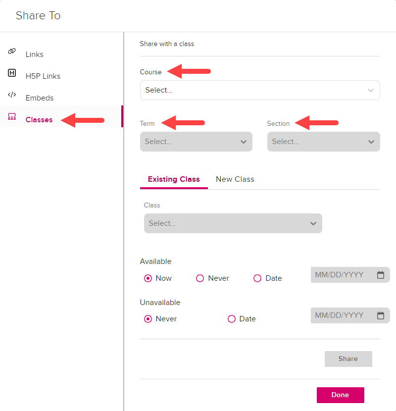 Share settings dialog box from collections with Class tab showing and required selection lists identified for steps as described