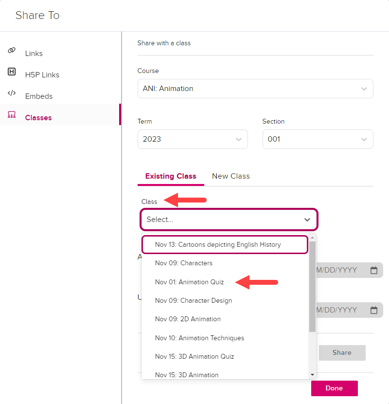 Share from collections dialog box with Existing class tab shown and class selection drop-down list identified as described