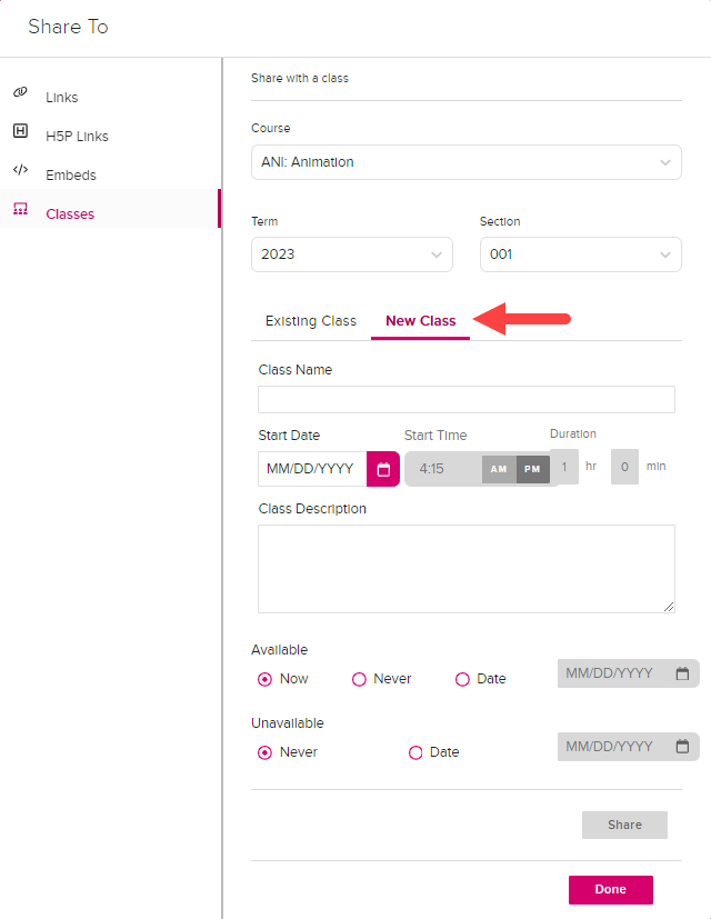 Share settings dialog box with share to new class tab shown containing configuration options as described