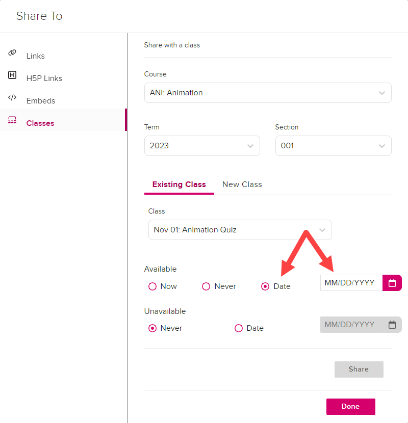 Share settings dialog box with Class share configured and Data availability options identified for steps as described