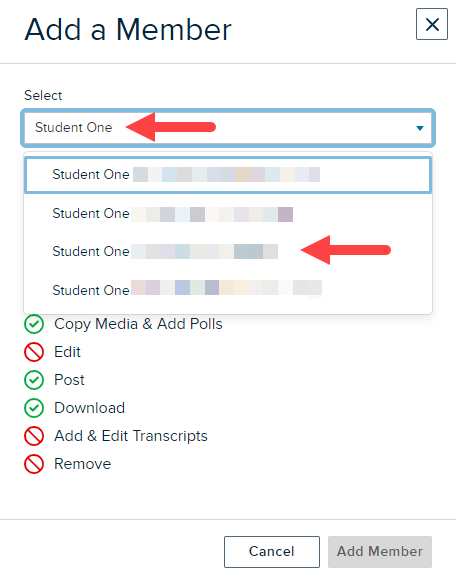 Add a member modal with partial name entered in Share with field and matching users listed with one user identified for selection