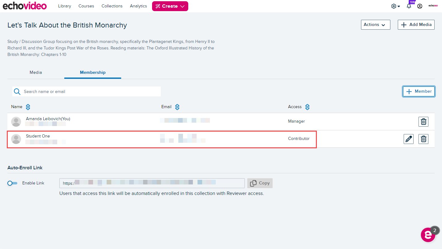 Collection membership tab with newly added user identified showing name and email and Editor access level given through steps as described