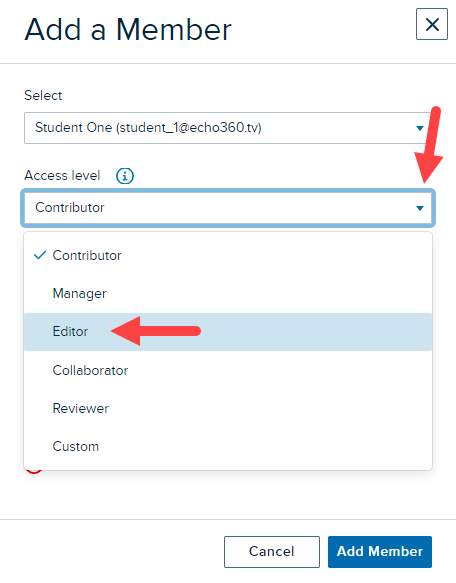 Add a member modal with access level drop-down list open showing selection options with Contributor selected by default and Editor identified for selection for this user