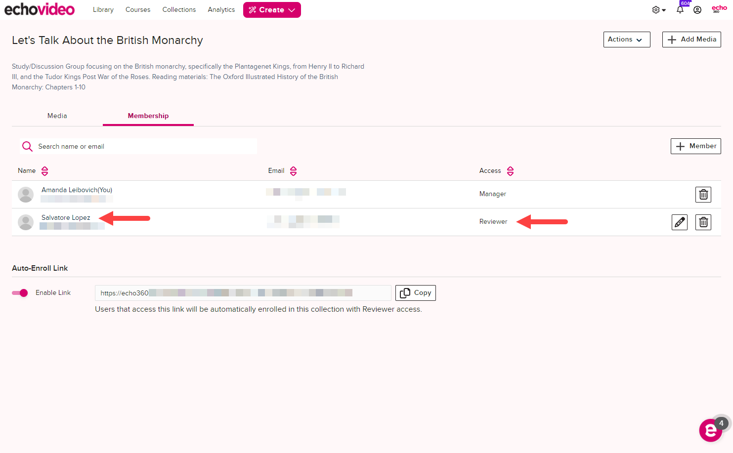 Collection members list from previous images showing newly added member with Reviewer access permissions as described