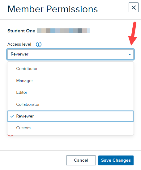 Member permissions modal with Access level drop-down open showing available options as described