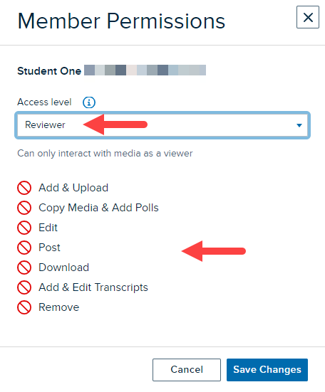 Member permissions modal with Reviewer access level selected and permissions prohibited by reviewer access level shown as described