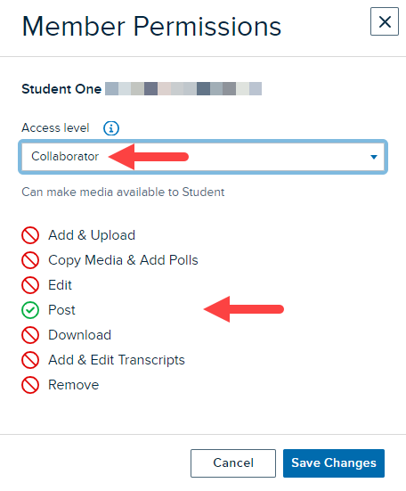 Member permissions modal with Collaborator access level selected and permissions conferred and prohibited with collaborator access shown as described