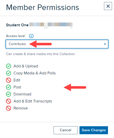 Member permissions modal with Contributor access level selected and permissions conferred and prohibited with contributor access shown as described