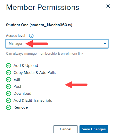 Member permissions modal with Manager access level selected and permissions conferred with manager access shown as described