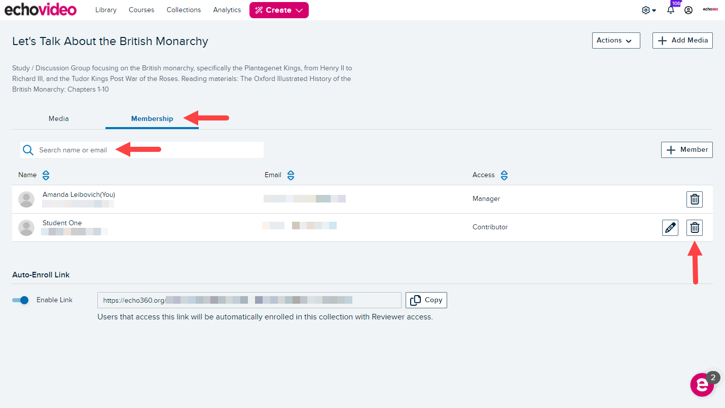 Membership tab in the collection with trashcan icon next to user name identified as described