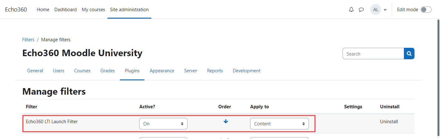 Moodle manage filters page with Echo360 LTI filter and settings identified