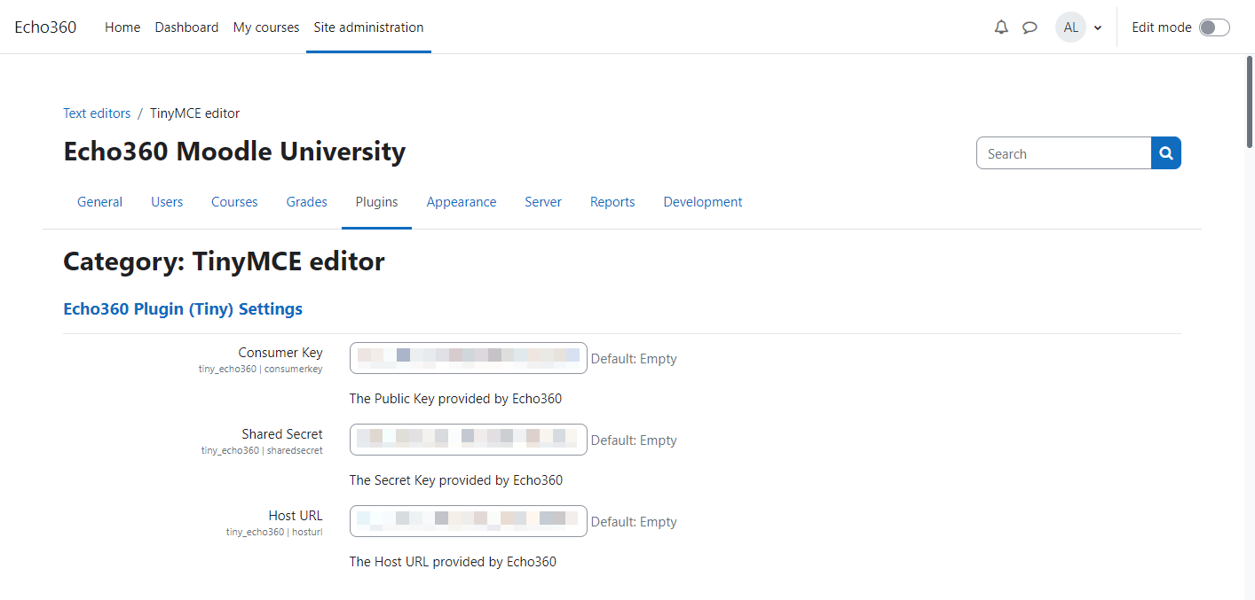 Settings page for the Echo360 plugin with LMS configuration value fields as described