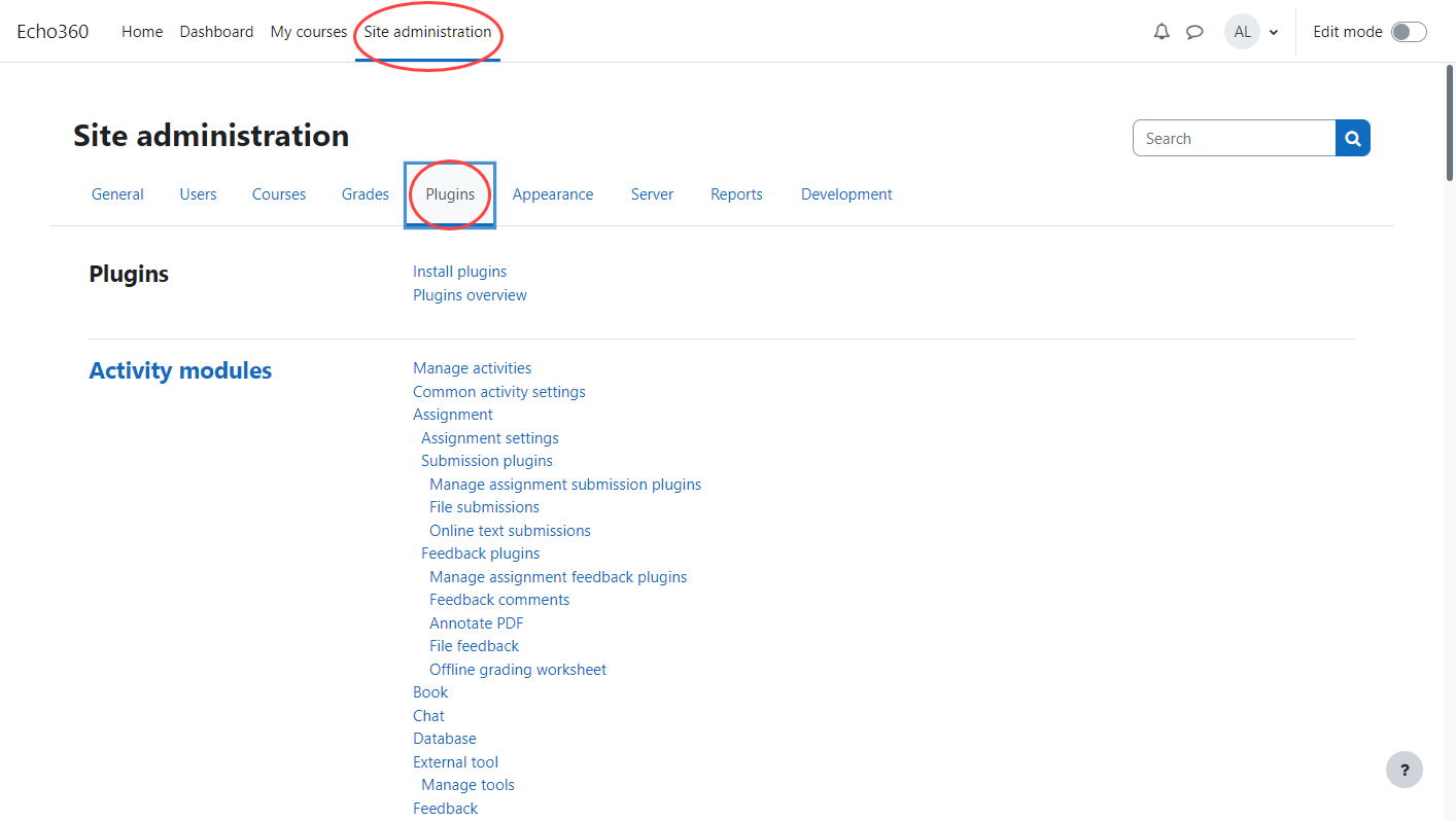 Moodle site administration and plugins navigation identified for steps as described