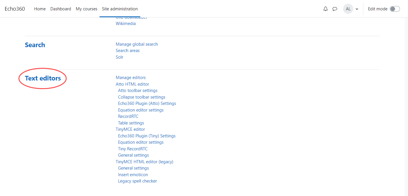 Moodle plugins administration with Text Editors section and link identified