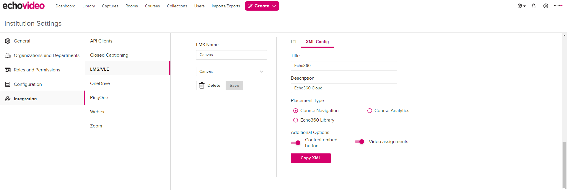 Canvas LMS Configuration with LTI Config tab showing and feature sliders identified as described