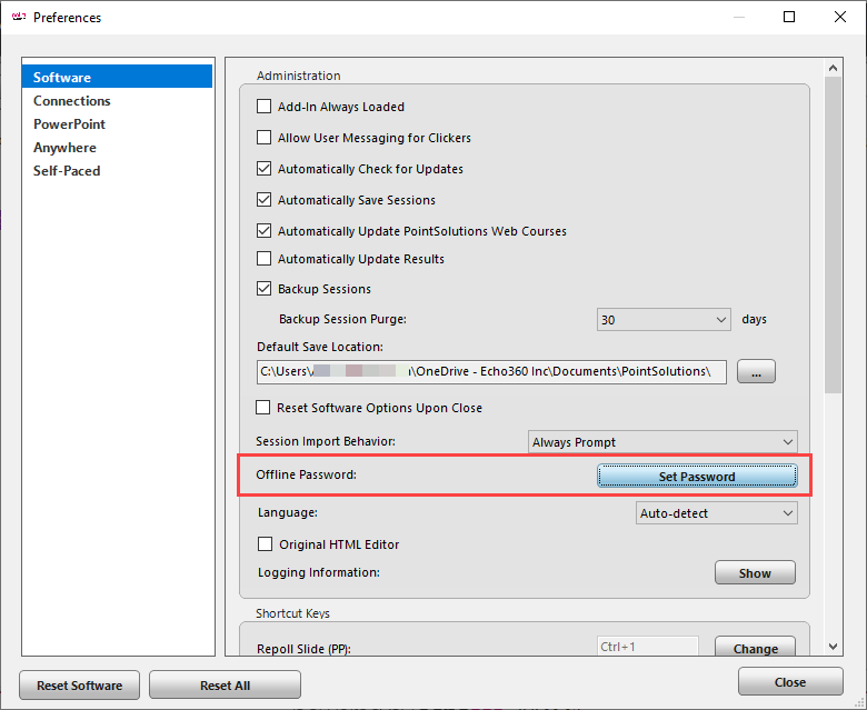 PointSolutions Desktop Preferences with Offline Password and Set Password button identified as described