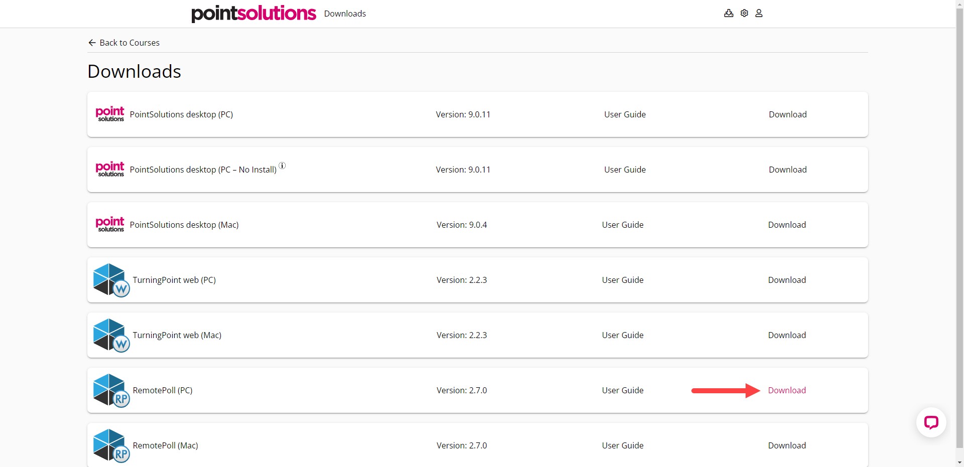 PointSolutions Downloads page with RemotePoll PC Download link identified as described