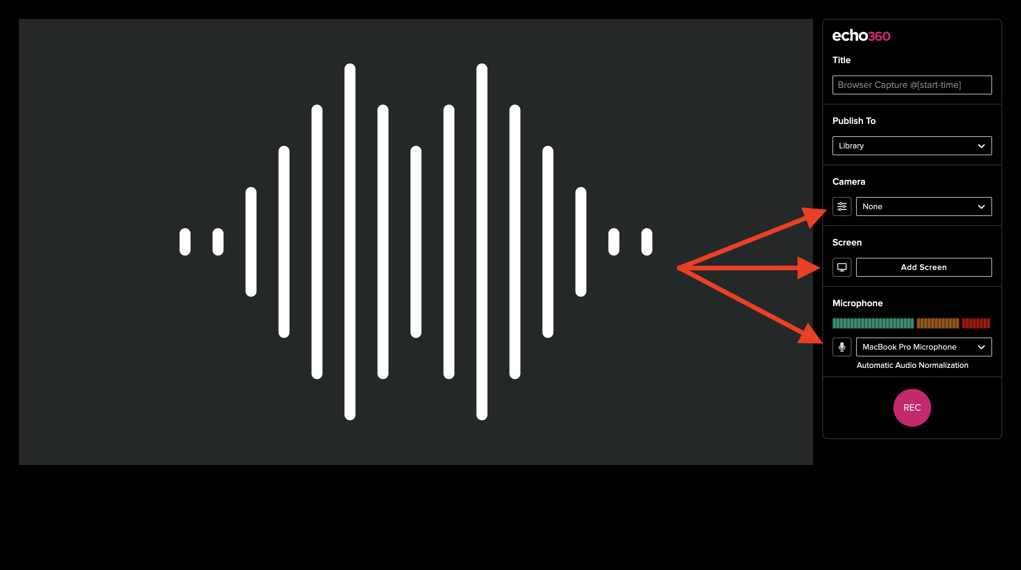 Browser Capture with Camera, Screen, and Microphone options identified as described