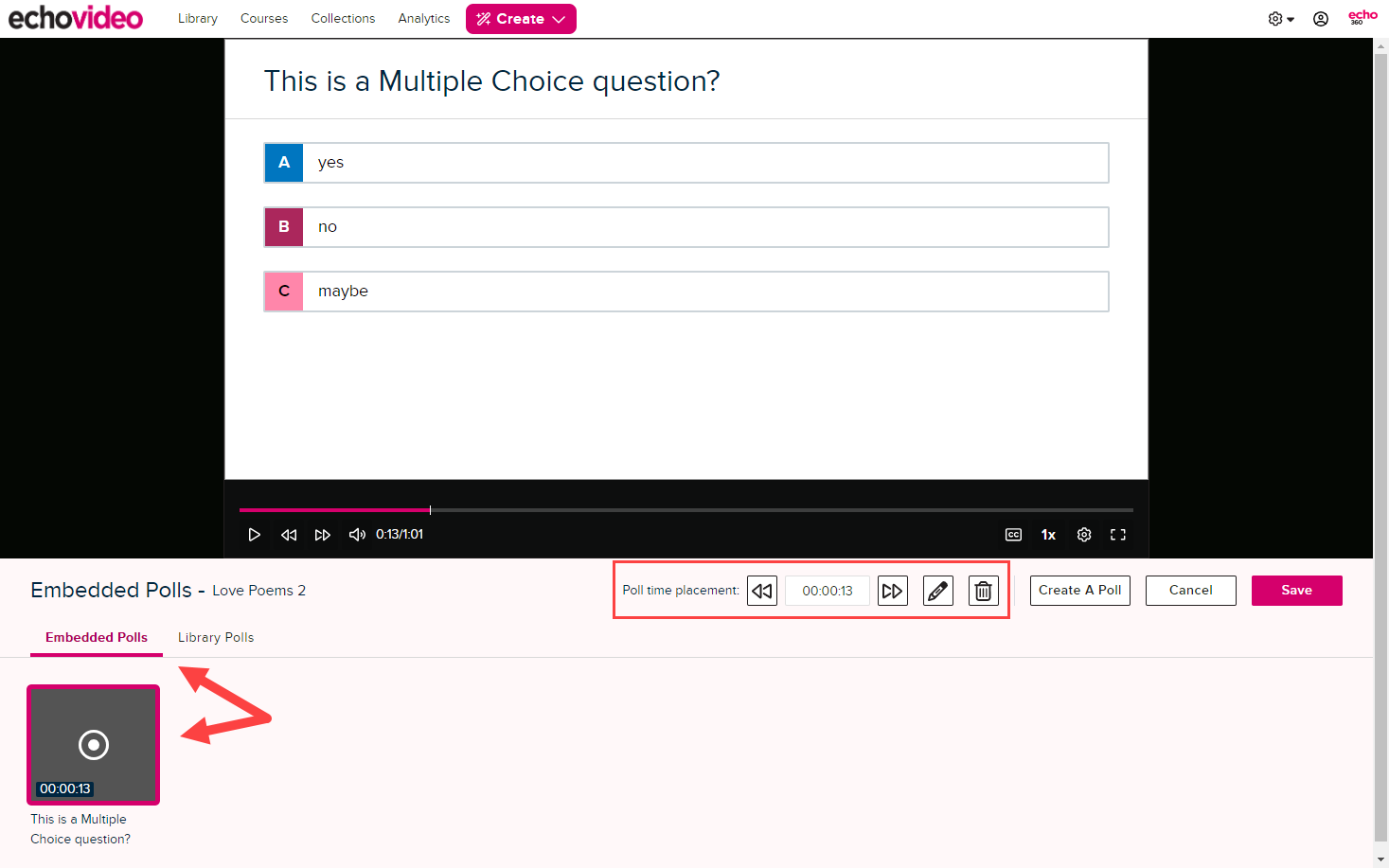 Media details page for a video open with a poll displayed and embedded polls and poll actions identified as described