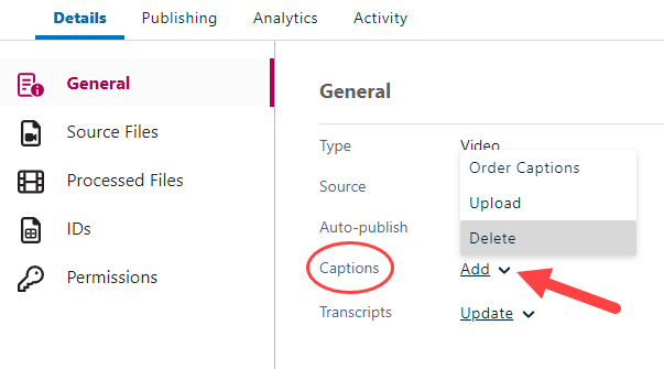 Administrator captions drop-down menu with options as described