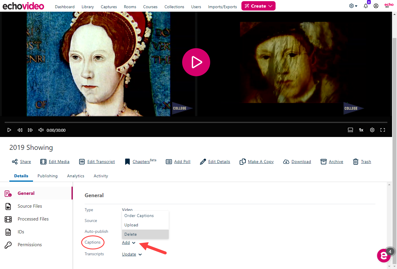 Media details page for completed capture with Add captions options identified as described